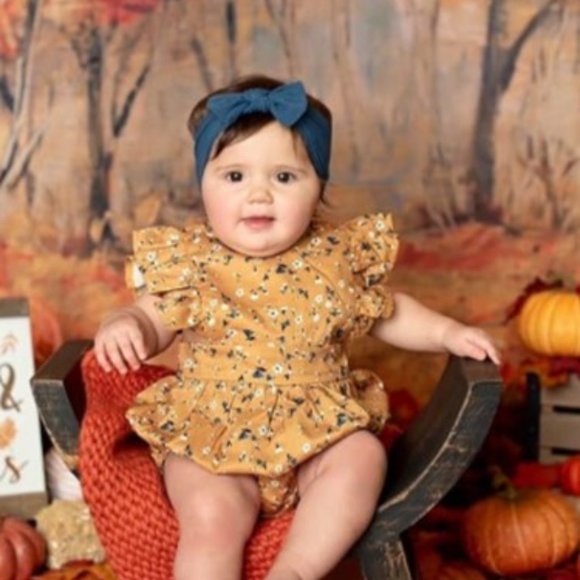 Fall  Thanksgiving Dress Jumpsuit Floral Girl Outfit Clothes romper mustard - Picture 3 of 4